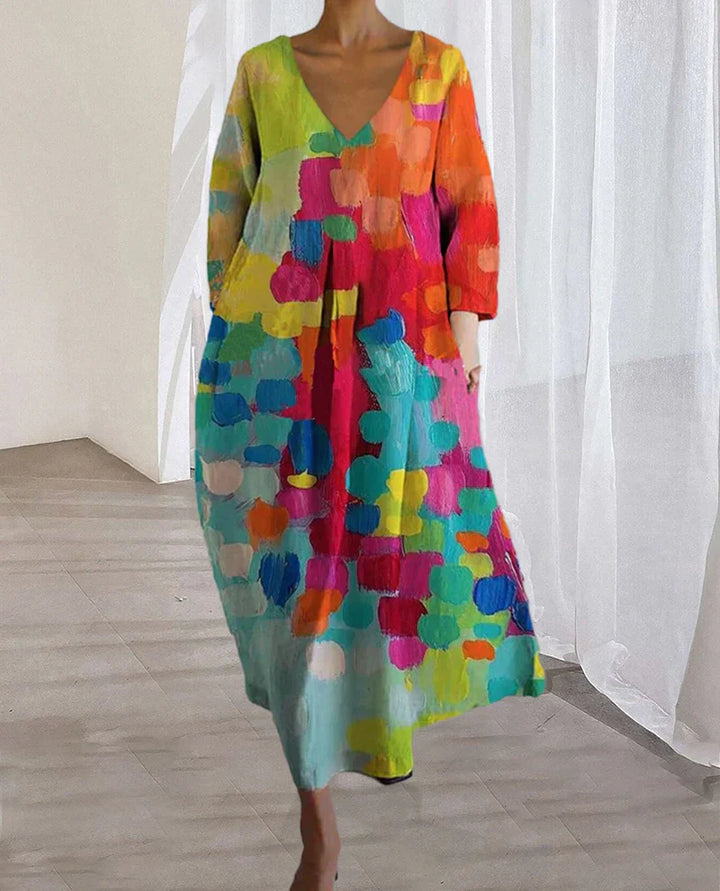 Abito lungo boho da donna – Abito colorato a maniche lunghe con scollo a V e motivo artistico per primavera e estate