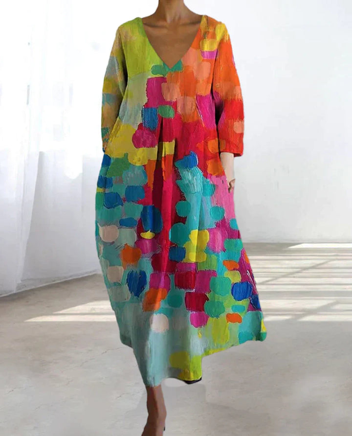 Abito lungo boho da donna – Abito colorato a maniche lunghe con scollo a V e motivo artistico per primavera e estate