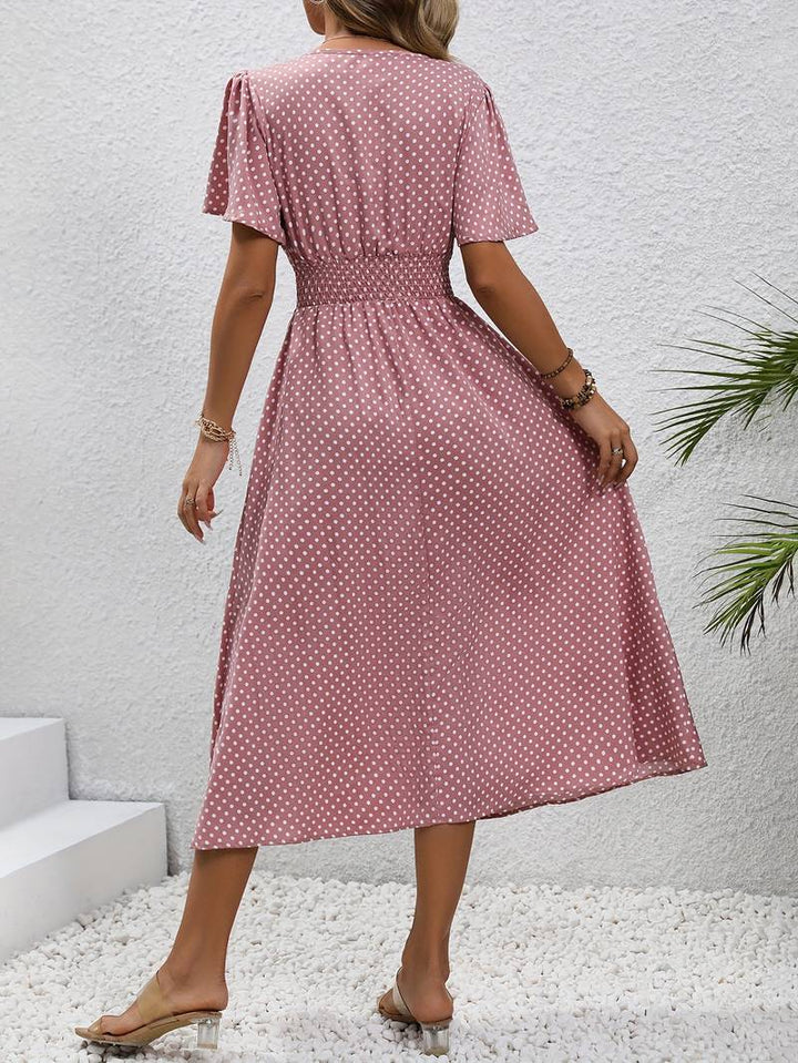 Abito midi da donna con pois e coulisse – Abito estivo arioso con scollo a V e maniche corte