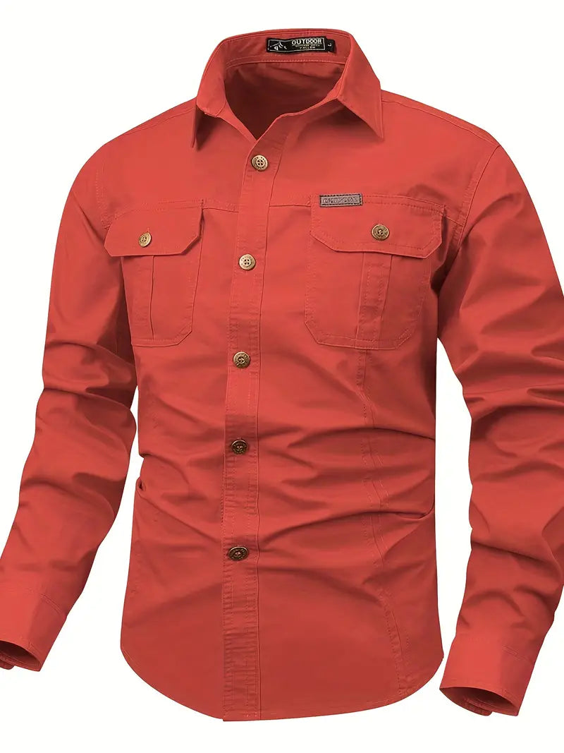 Chemise de plein air pour hommes – Chemise à manches longues robuste en coton avec poches poitrine et patte de boutonnage