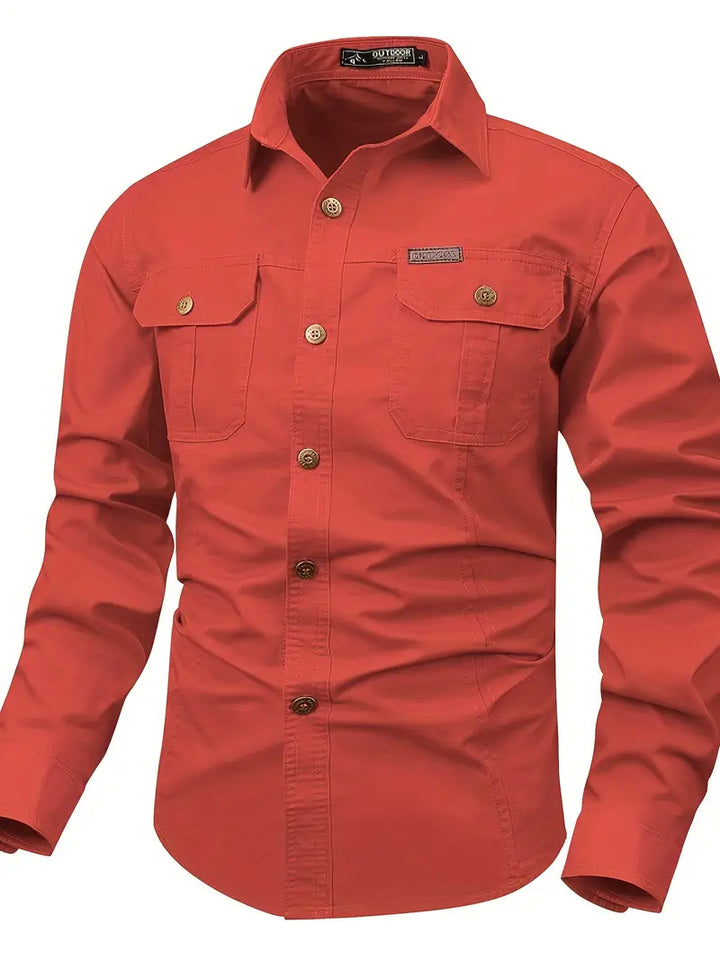 Chemise de plein air pour hommes – Chemise à manches longues robuste en coton avec poches poitrine et patte de boutonnage