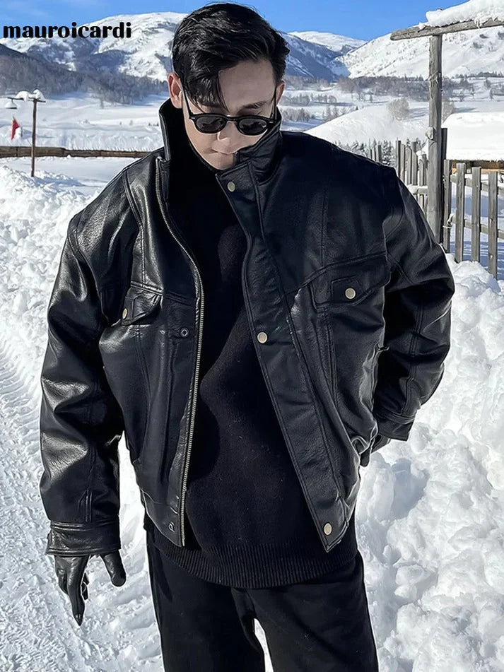 Elegancka skórzana kurtka w kroju oversize dla mężczyzn | idealna na co dzień