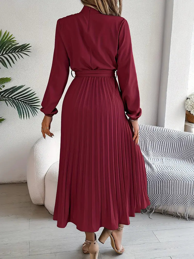 Elegante abito midi plissettato con cintura – abito a maniche lunghe da donna per ufficio e occasioni speciali