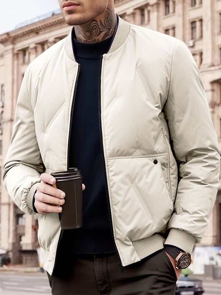Veste d'hiver chaude à col baseball avec fermeture éclair, polaire unie avec poches pour hommes | Parfait pour les activités de plein air