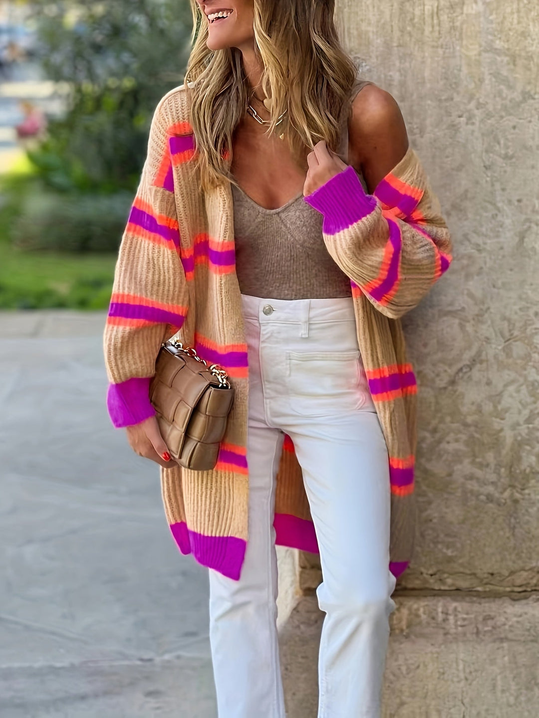 Lässiger festlicher Winter gestreifter Woll Strickcardigan für Damen | Perfekt für Freizeittage