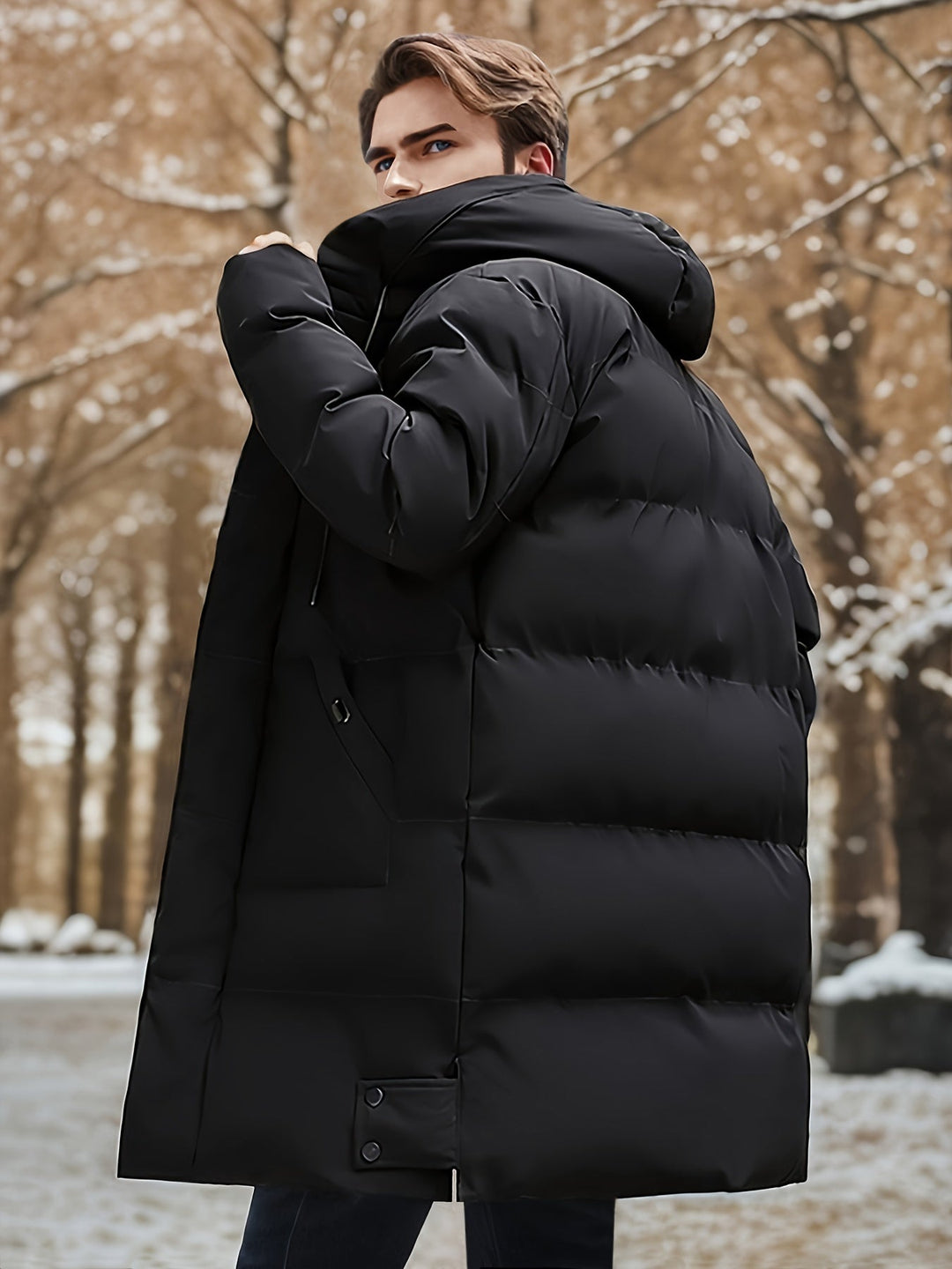 Veste d'hiver matelassée à capuche mi-longue décontractée pour hommes avec patte de fermeture éclair non extensible | Parfaite pour les activités de plein air