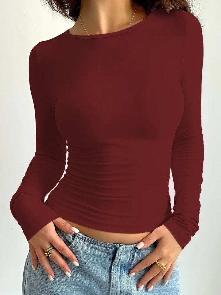Maglia a maniche lunghe da donna con scollo rotondo – Top basic aderente per tutti i giorni e streetstyle