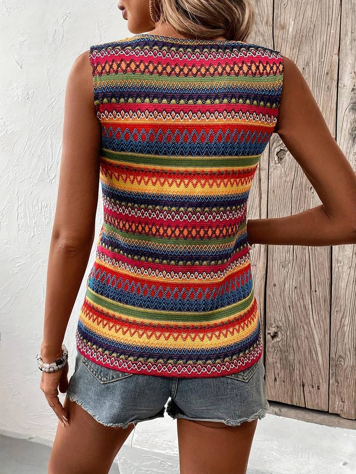 Top donna senza maniche in design etnico a maglia – Canotta boho con scollo rotondo – Top estivo per festival, vacanze e tempo libero
