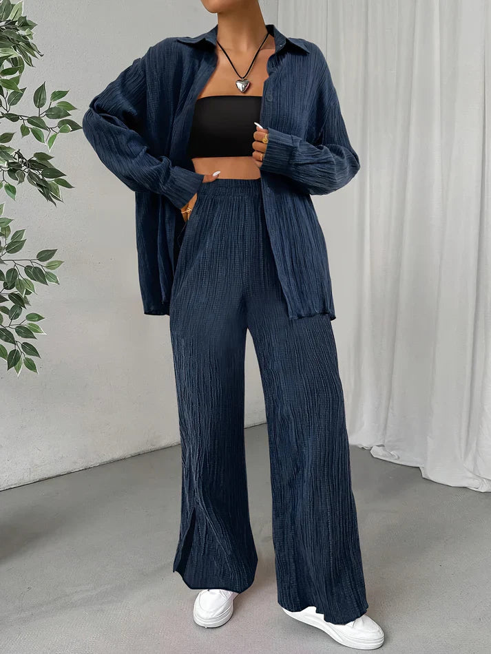 T-shirt à manches longues avec boutons & pantalons à taille élastique ensemble tenue pour femmes | Idéal pour automne/hiver