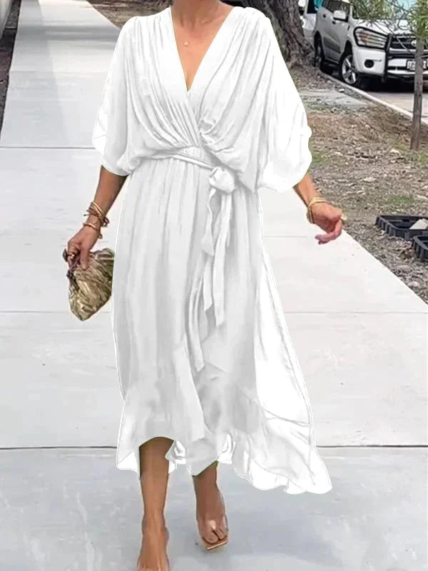 Abito lungo da donna con effetto incrociato – Abito estivo arioso con scollo a V e cintura da annodare – Elegante abito da spiaggia con maniche a pipistrello
