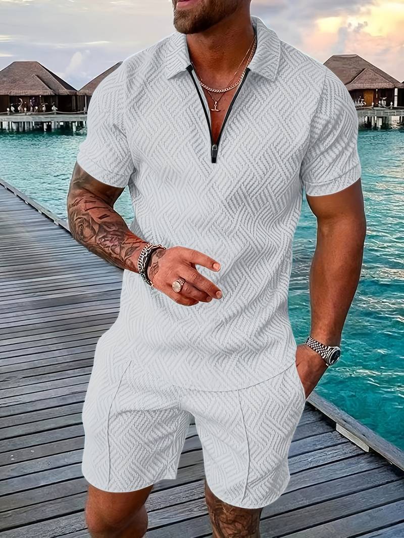 Herren Sommer Set mit Reißverschluss-Poloshirt & Shorts – Zweiteiliges Outfit mit Muster für Urlaub, Freizeit & Strand
