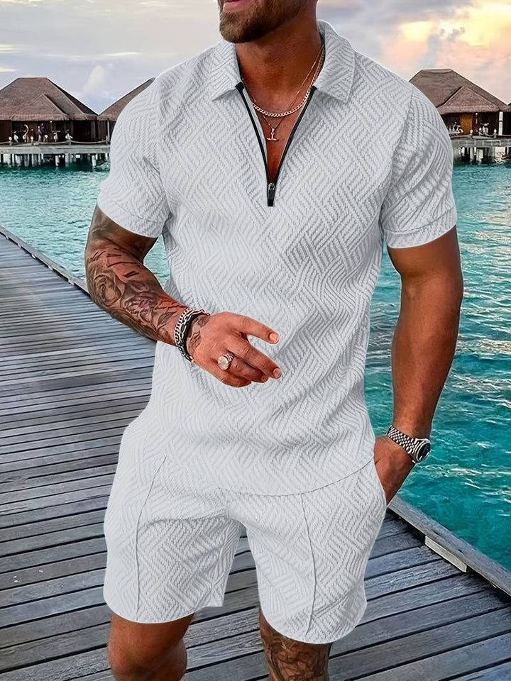 Herren Sommer Set mit Reißverschluss-Poloshirt & Shorts – Zweiteiliges Outfit mit Muster für Urlaub, Freizeit & Strand