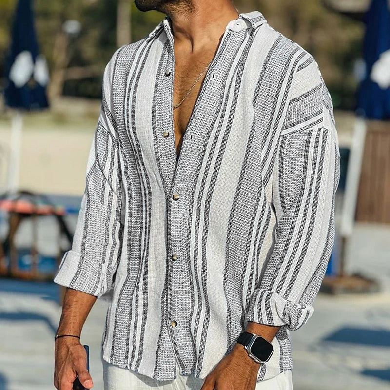 Chemise en lin pour homme avec motif à rayures – Chemise d'été décontractée avec patte de boutonnage et manches longues – Look plage & loisirs