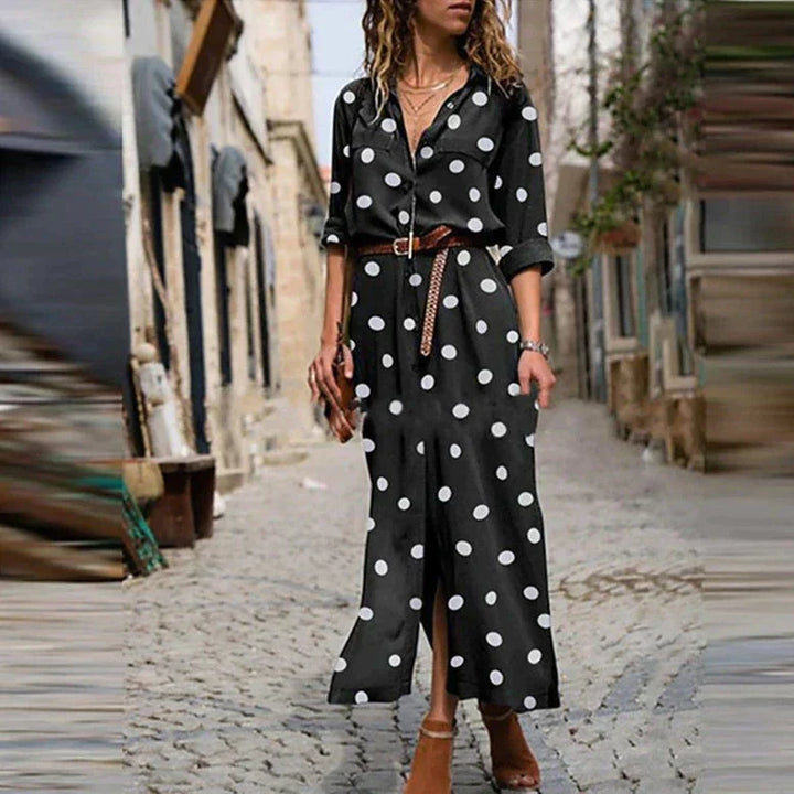 Vestito camicia a pois da donna – Vestito midi con cintura, abbottonatura e maniche 3/4 in stile casual-chic