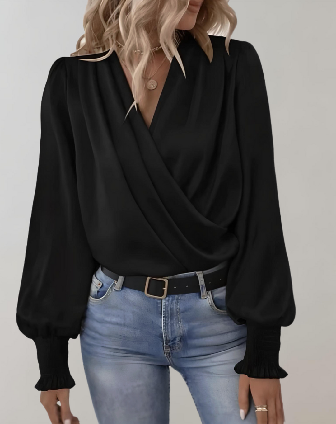 Elegante camicetta avvolgente in satin – camicetta da donna a maniche lunghe con maniche a sbuffo e collo sciallato