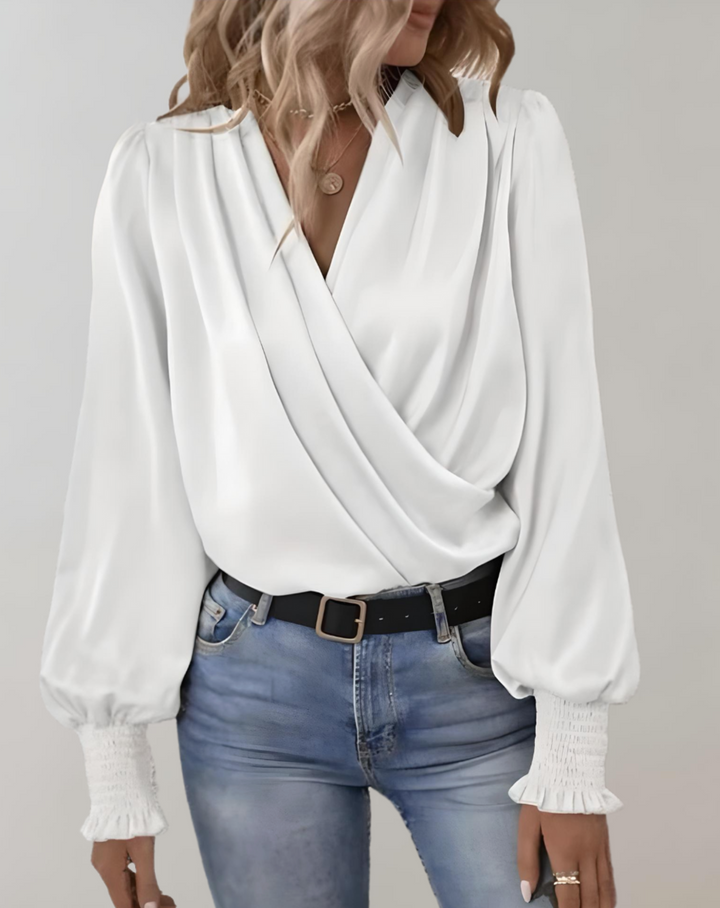 Elegante camicetta avvolgente in satin – camicetta da donna a maniche lunghe con maniche a sbuffo e collo sciallato