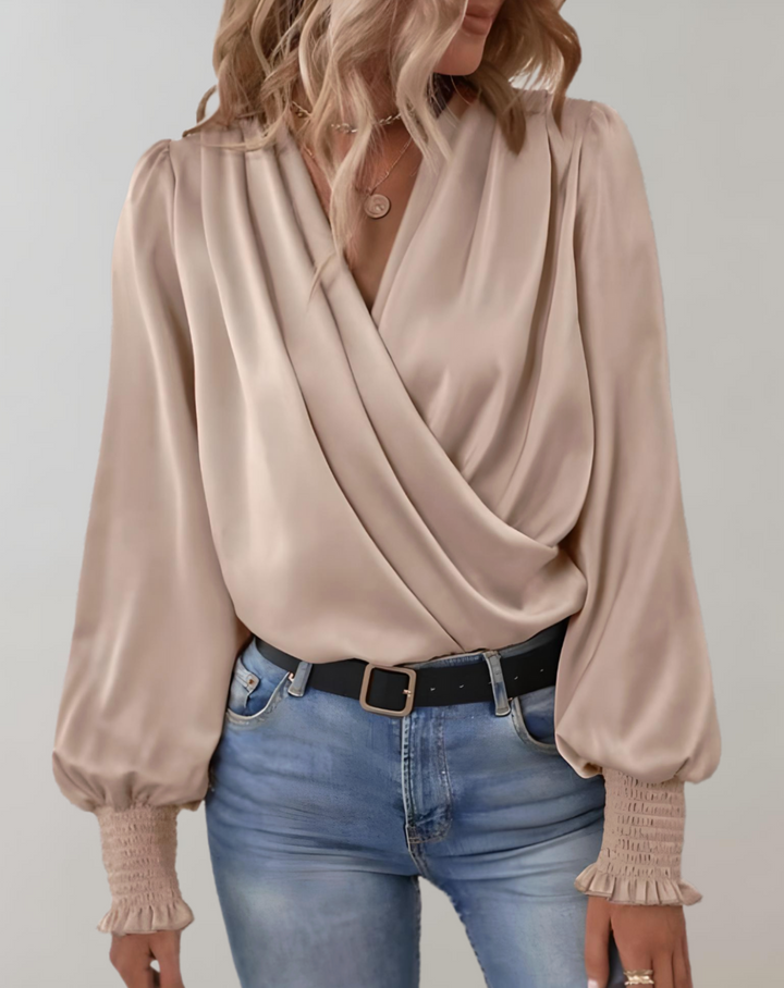 Elegante camicetta avvolgente in satin – camicetta da donna a maniche lunghe con maniche a sbuffo e collo sciallato