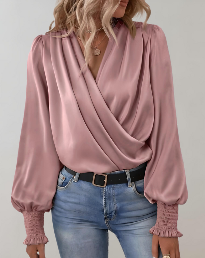 Elegante camicetta avvolgente in satin – camicetta da donna a maniche lunghe con maniche a sbuffo e collo sciallato