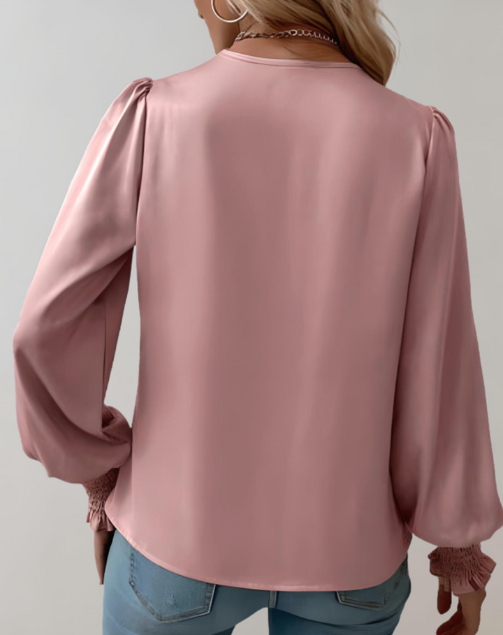 Elegante camicetta avvolgente in satin – camicetta da donna a maniche lunghe con maniche a sbuffo e collo sciallato