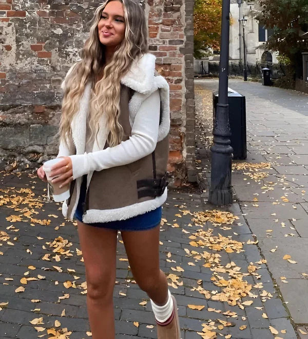 Stilvolle Ärmellose Kunstfell-Lederjacke Für Damen | Perfekt für Casual Days