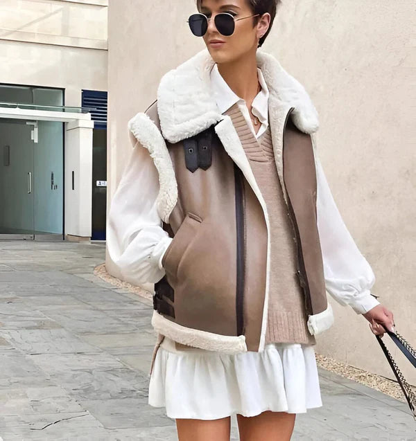 Stilvolle Ärmellose Kunstfell-Lederjacke Für Damen | Perfekt für Casual Days
