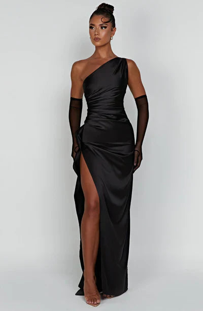 Abito da sera asimmetrico con spacco alto alla gamba – elegante abito in satin monospalla per occasioni speciali
