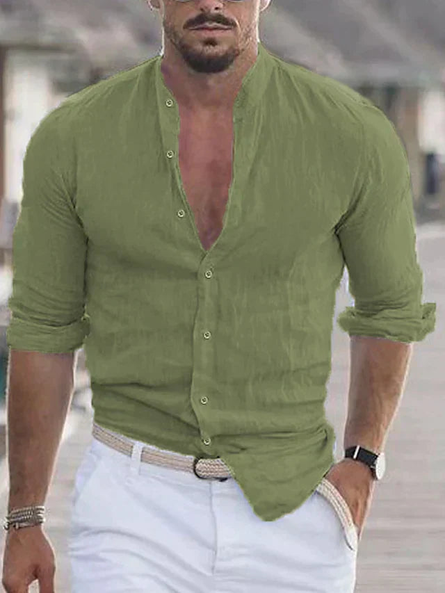 Luftiges Herren Leinenhemd mit Stehkragen – Sommerhemd mit langen Ärmeln für Strand & Freizeit – Lockeres Casual Shirt im Slim Fit
