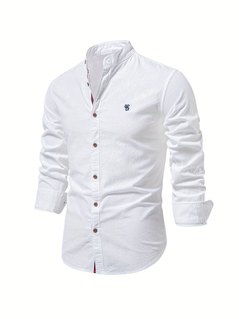 Chemise homme avec col montant – Chemise décontractée à manches longues avec patte de boutonnage pour affaires, quotidien & tenues smart casual