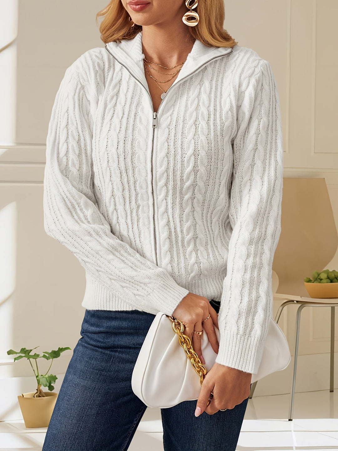 Jannie - Lässige Zopfstrickjacke mit Reißverschluss für Damen