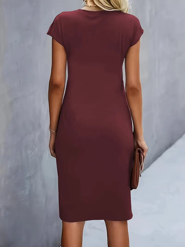 Abito a tubino da donna con pieghe – Abito da lavoro aderente con scollo rotondo per ufficio, eventi e look serali
