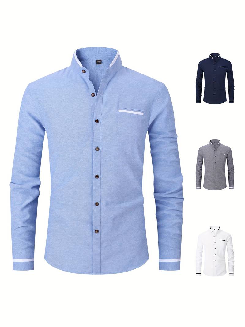 Chemise homme avec détails contrastés et col montant – Chemise à manches longues moderne pour affaires, quotidien et smart casual