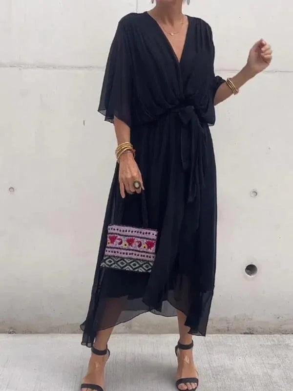 Abito lungo da donna con effetto incrociato – Abito estivo arioso con scollo a V e cintura da annodare – Elegante abito da spiaggia con maniche a pipistrello
