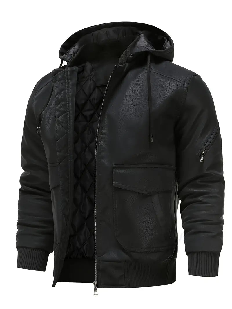 Nathanael - Wasserdichte winddichte PU Leder Winterjacke für Männer mit Kapuze