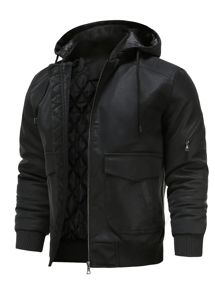 Nathanael - Wasserdichte winddichte PU Leder Winterjacke für Männer mit Kapuze