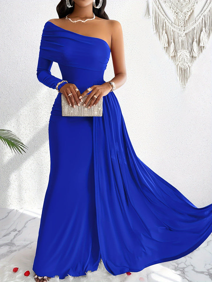 Elegante abito formale lungo da donna in cotone con spalla asimmetrica, fluido e arricciato | Per occasioni ufficiali