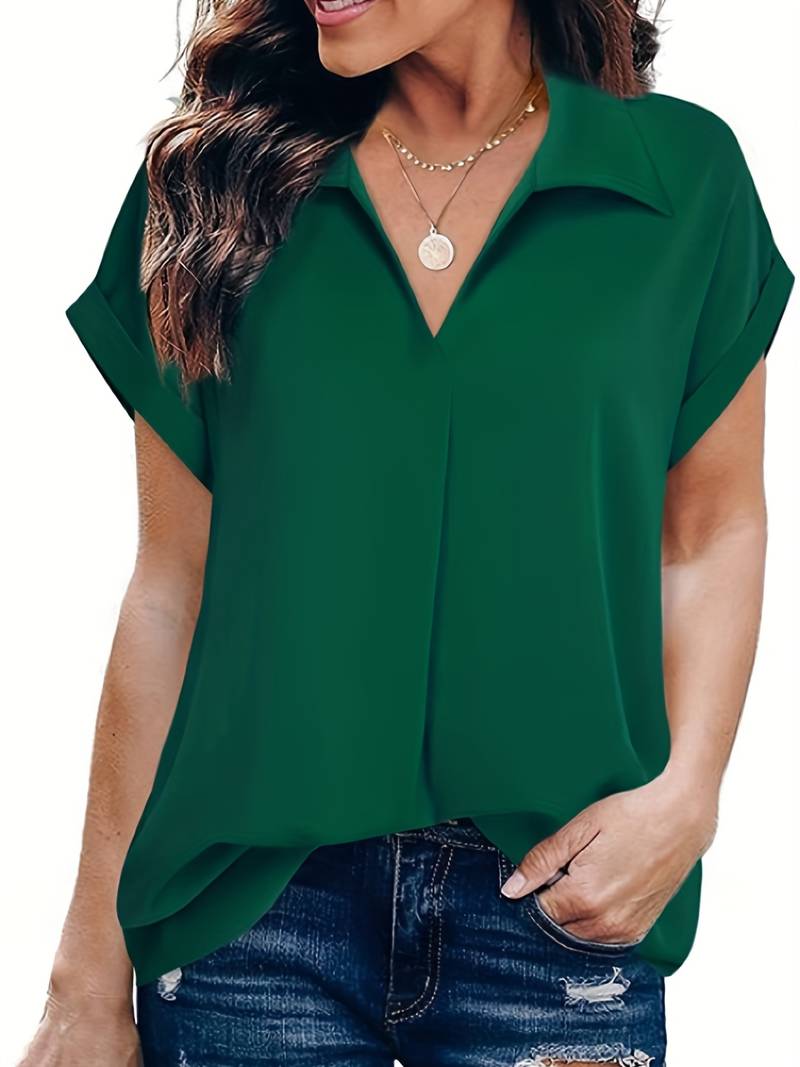 Camicia da donna taglio più ampio con scollo a V e colletto – Maglietta a maniche corte per ufficio e tempo libero