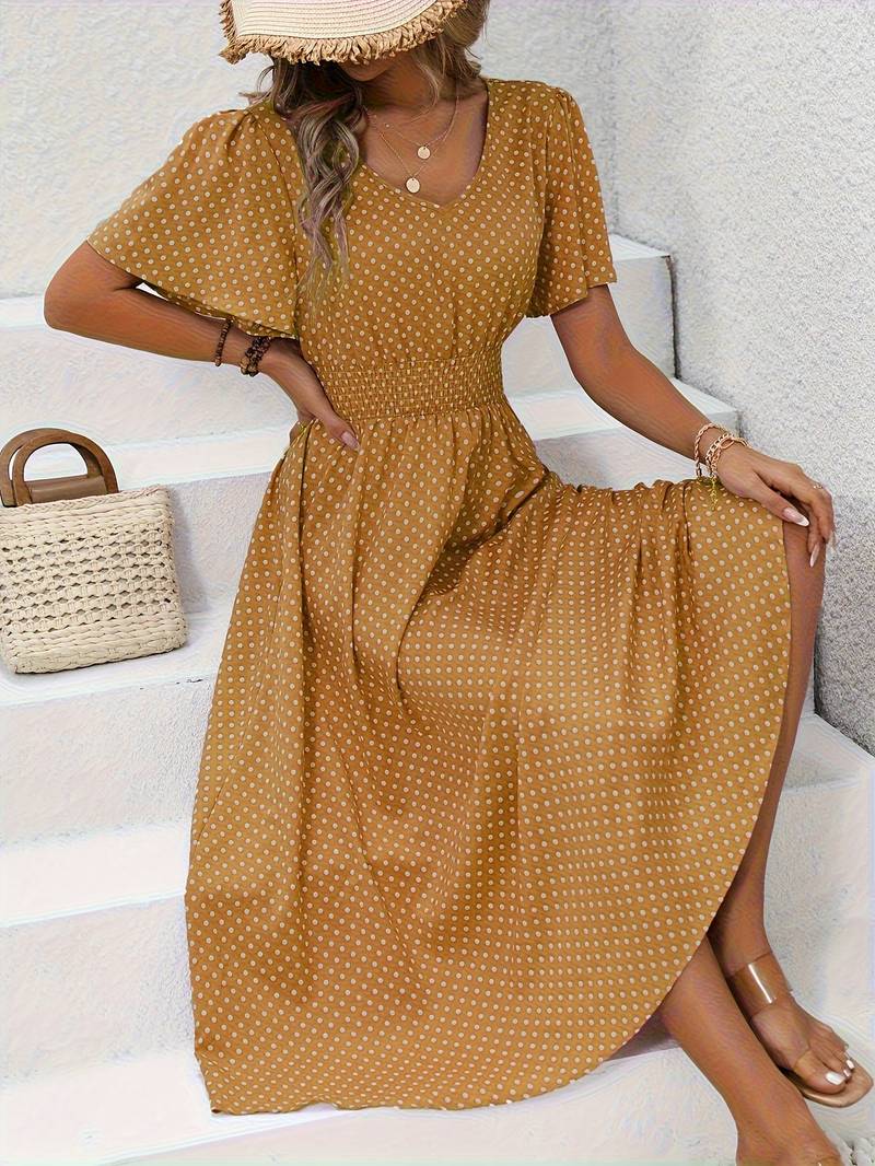 Abito midi da donna con pois e coulisse – Abito estivo arioso con scollo a V e maniche corte