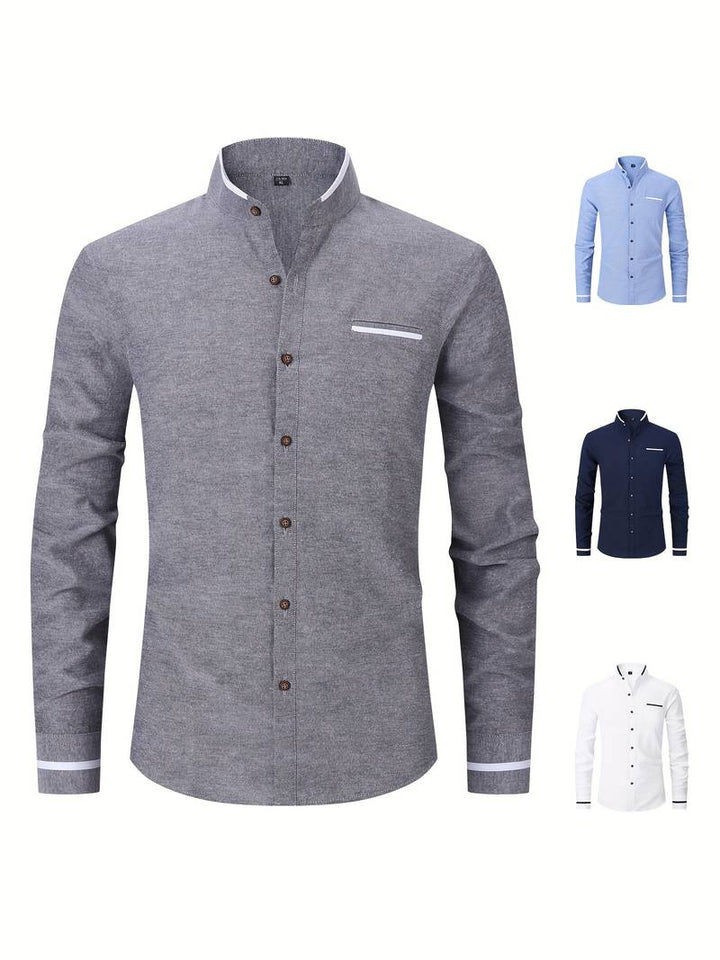 Chemise homme avec détails contrastés et col montant – Chemise à manches longues moderne pour affaires, quotidien et smart casual
