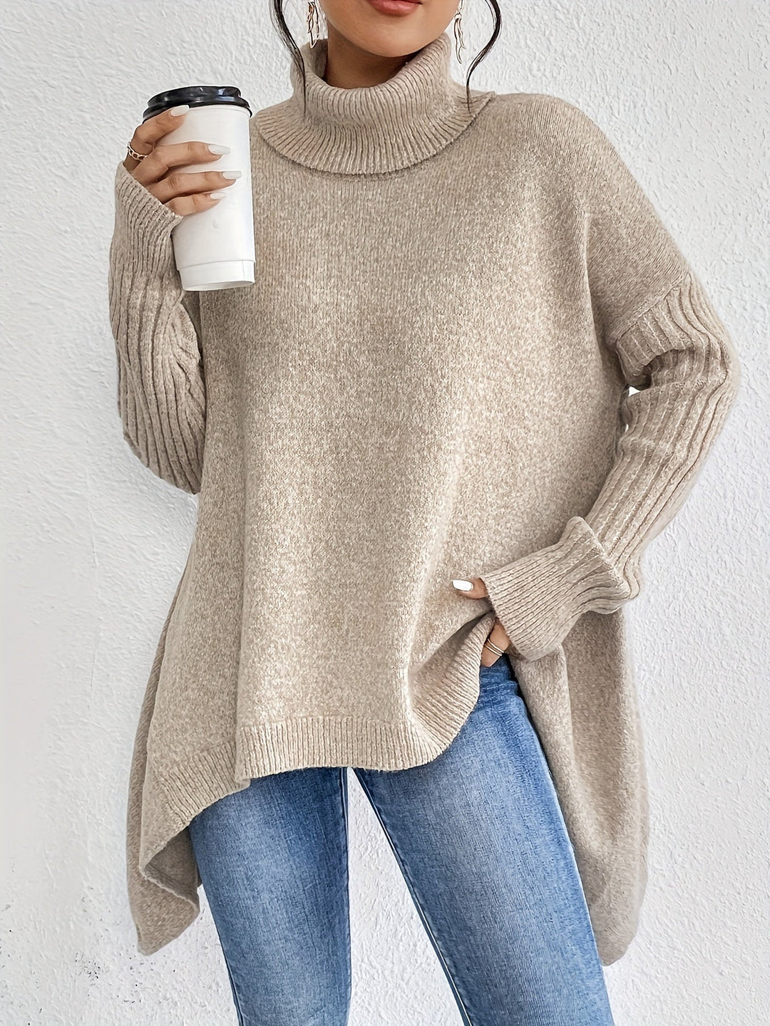 Vintage Baumwoll-Rollkragenpullover mit asymmetrischem Saum und langen Ärmeln Pullover Damen | Perfekt für den Alltag