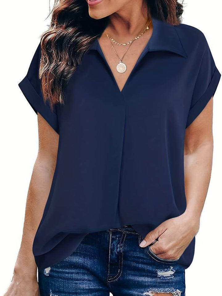 Camicia da donna taglio più ampio con scollo a V e colletto – Maglietta a maniche corte per ufficio e tempo libero