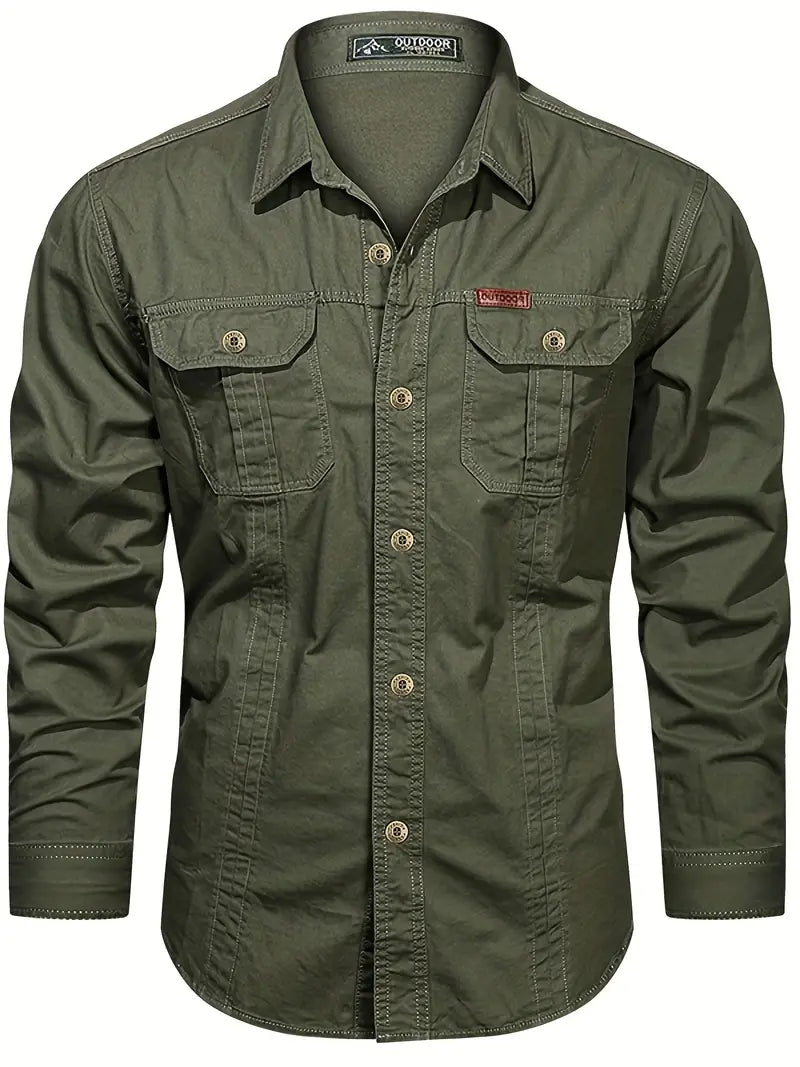 Chemise de plein air pour hommes – Chemise à manches longues robuste en coton avec poches poitrine et patte de boutonnage