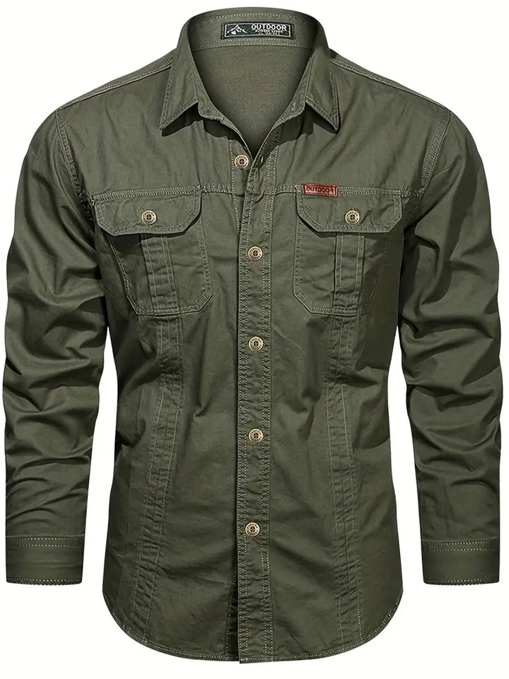 Chemise de plein air pour hommes – Chemise à manches longues robuste en coton avec poches poitrine et patte de boutonnage