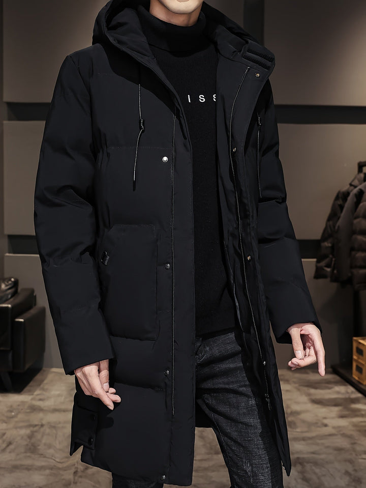 Veste longue noire chaude matelassée avec capuche en coton pour homme | Parfaite pour les activités de plein air