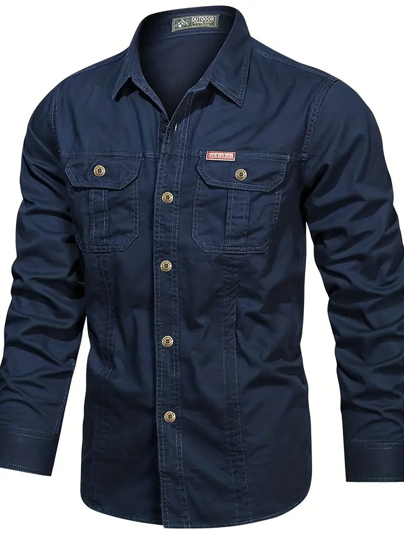 Chemise de plein air pour hommes – Chemise à manches longues robuste en coton avec poches poitrine et patte de boutonnage