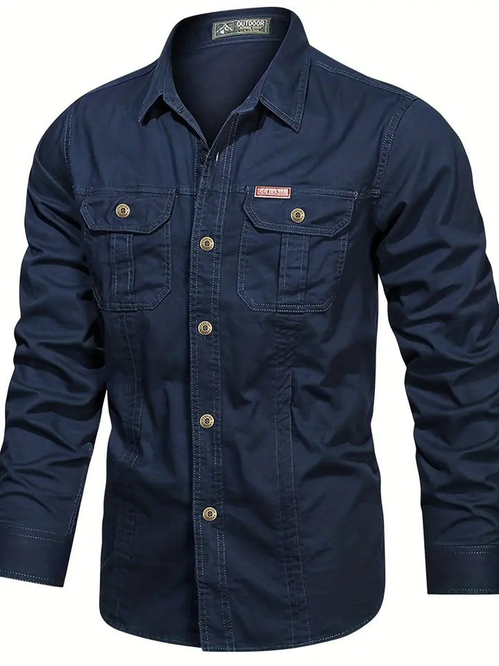 Chemise de plein air pour hommes – Chemise à manches longues robuste en coton avec poches poitrine et patte de boutonnage