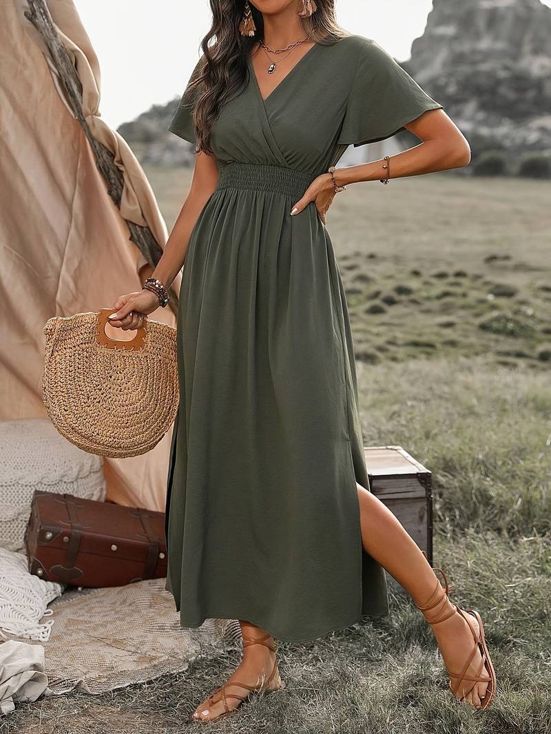 Abito lungo boho da donna con scollo a V – abito estivo con maniche corte, spacco e vita elastica per vacanze, tempo libero e festival
