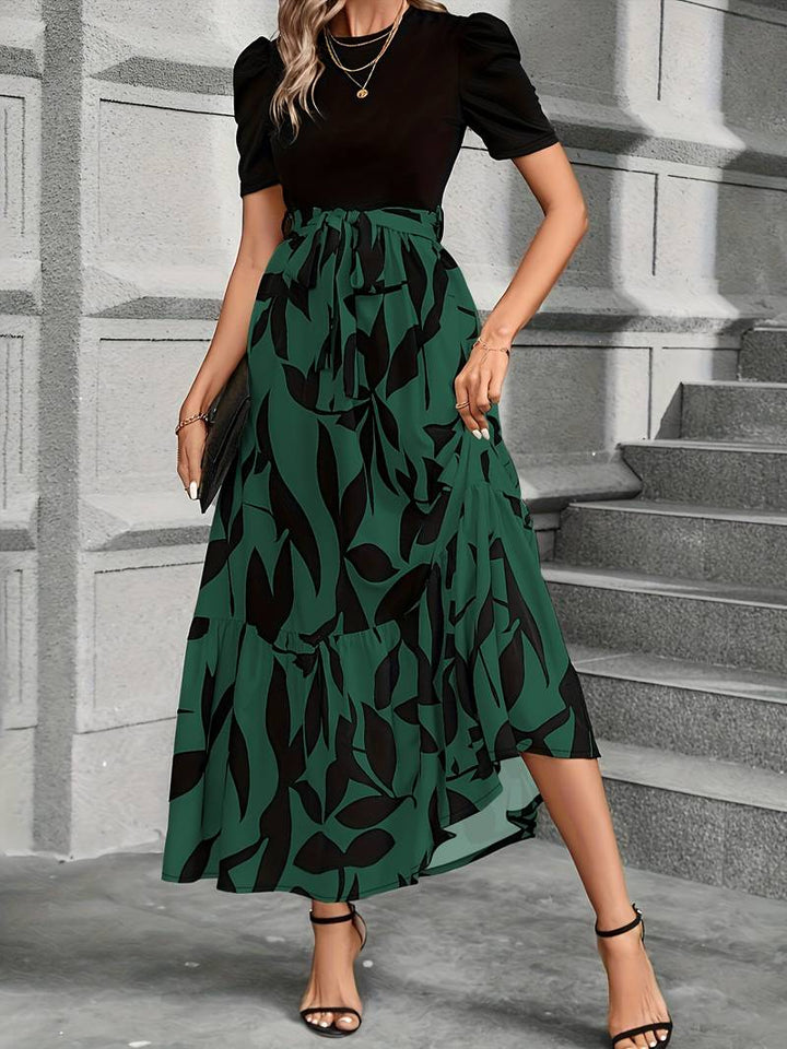 Abito lungo da donna con cintura in vita – Elegante abito casual con stampa foglie per tutti i giorni, ufficio e occasioni estive