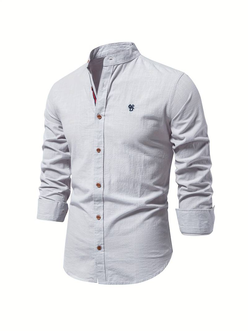 Chemise homme avec col montant – Chemise décontractée à manches longues avec patte de boutonnage pour affaires, quotidien & tenues smart casual