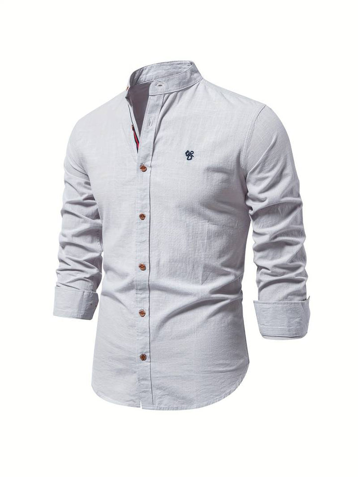 Chemise homme avec col montant – Chemise décontractée à manches longues avec patte de boutonnage pour affaires, quotidien & tenues smart casual