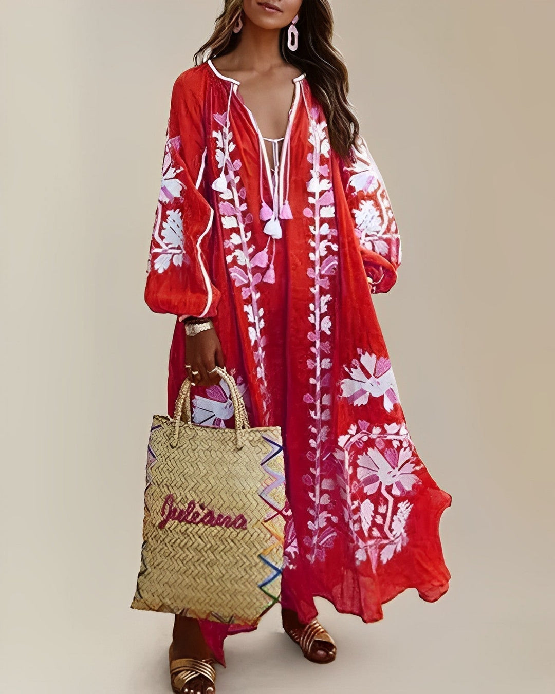 Sukienka maxi w królewskim błękicie z haftem – boho sukienka letnia o szerokim kroju